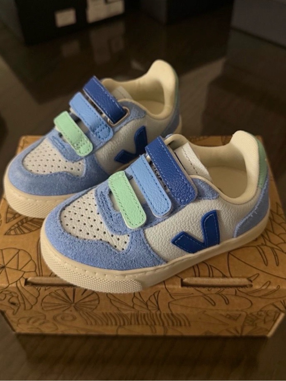 Veja Kids Blue, Mint & White Velcro Sneakers